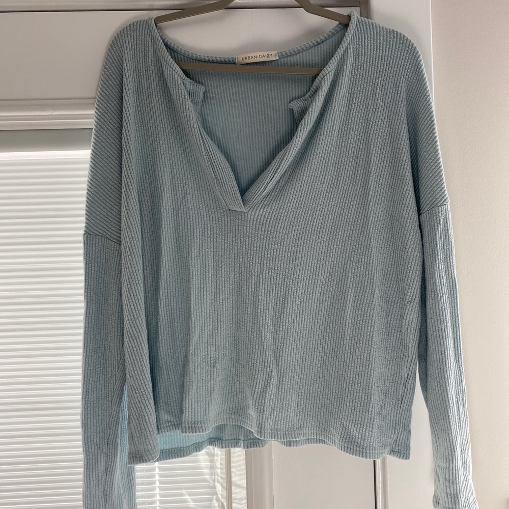 Light Blue Ribbed V Neck Lounge Top